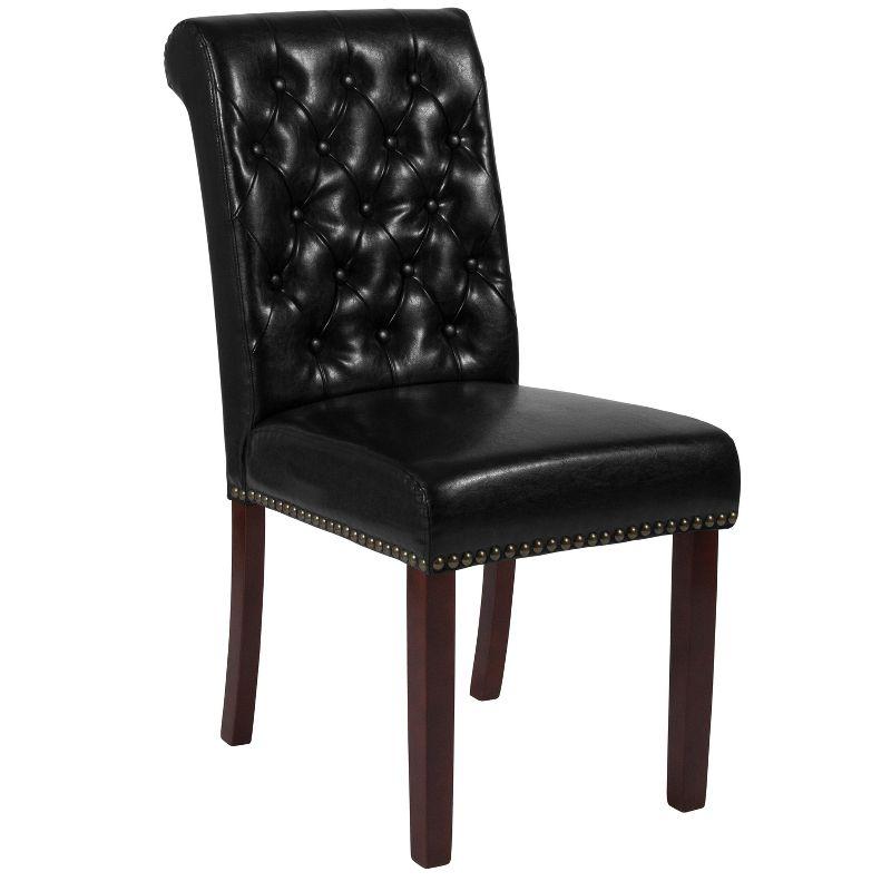 Black Leather Upholstered Parsons Side Chair with Wood Legs