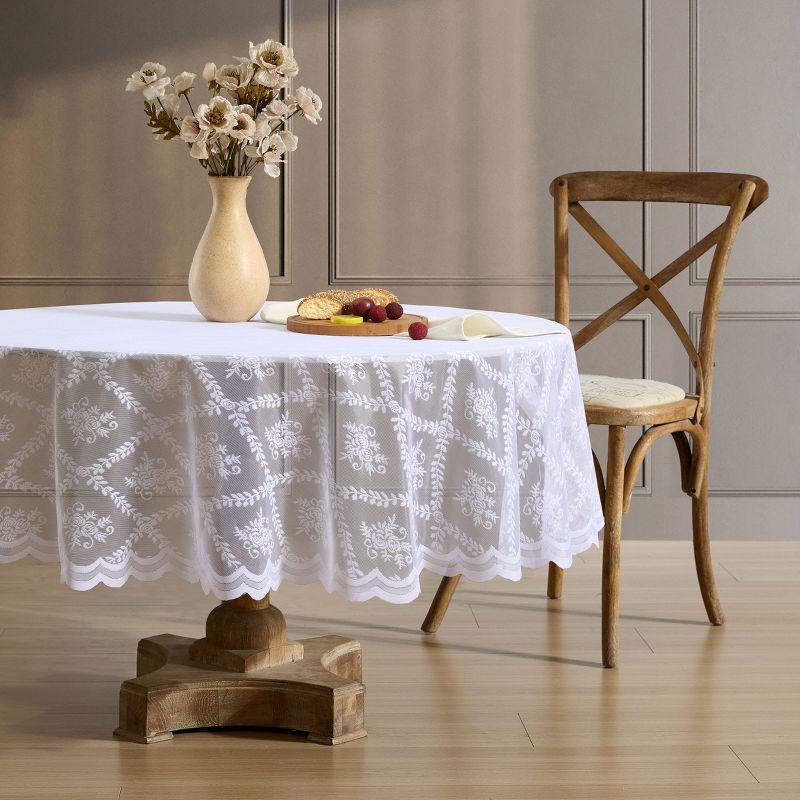 HLC.ME Isabella Floral Patterned Scalloped Tablecloth, Wrinkle Resistant, Lace Fabric Table Cloth for Round Tables - Linen, 70 Round
