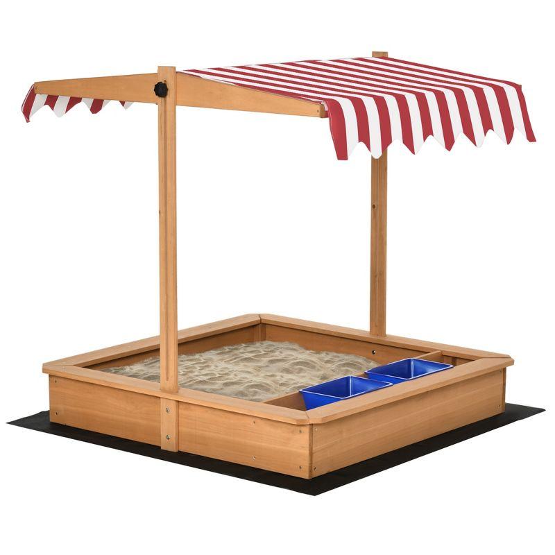 Outsunny Kids Wooden Sandbox, Children Sand Play Station Outdoor, with Adjustable Height Cover, Bottom Liner, Seat, Plastic Basins, Boys and Girls