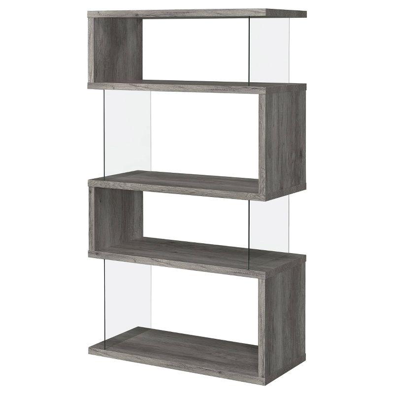 Coaster 63" Emelle 4 Shelf Zig Zag Bookcase with Glass Panels Gray Driftwood: Modern Style, Laminated Melamine Veneer, Metal Hardware