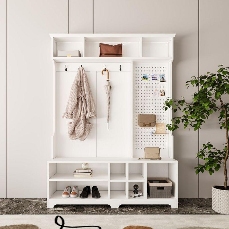 White MDF Hall Tree with Shoe Bench and Pegboard