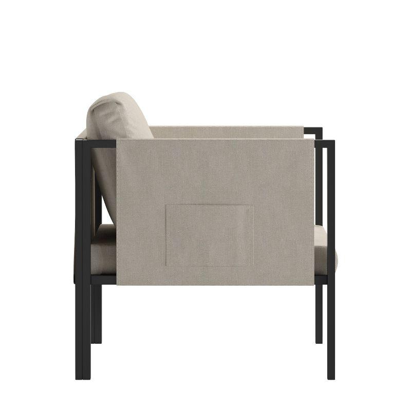 Flash Furniture Lea Indoor/Outdoor Patio Chair with Cushions - Modern Steel Framed Chair with Storage Pockets, Black with Beige Cushions