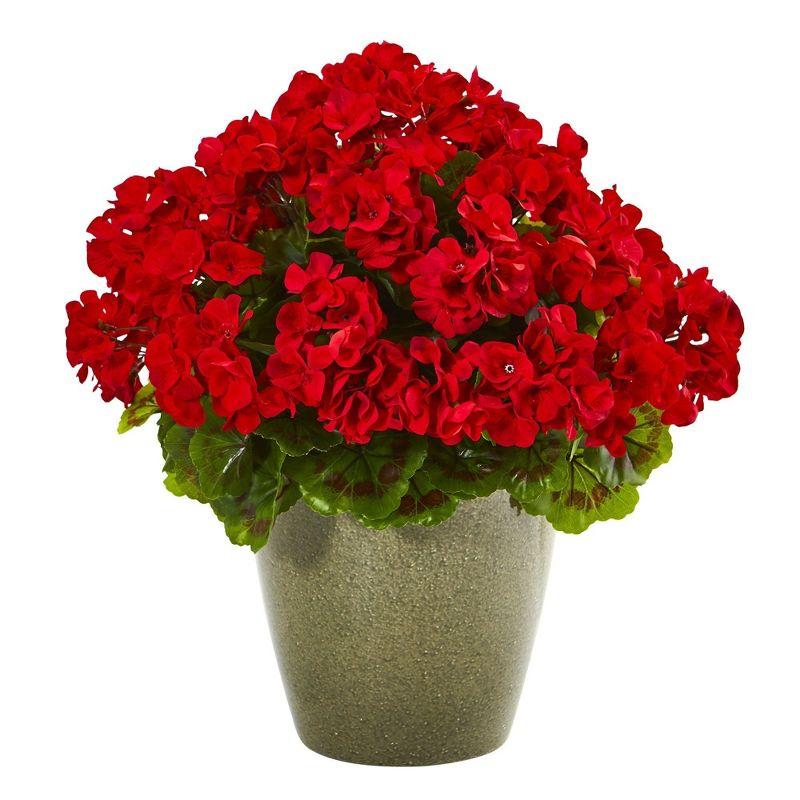 17" Red Geranium Artificial Plant in Gray Planter