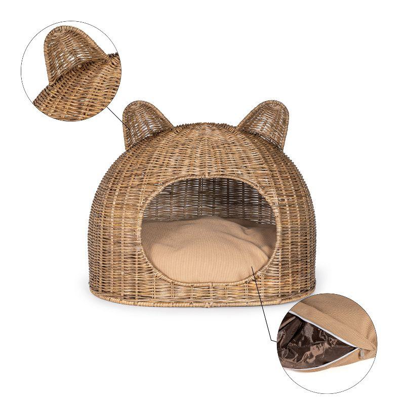 Cat Ear Coastal Handwoven Rattan Cat Bed with Machine-Washable Cushion