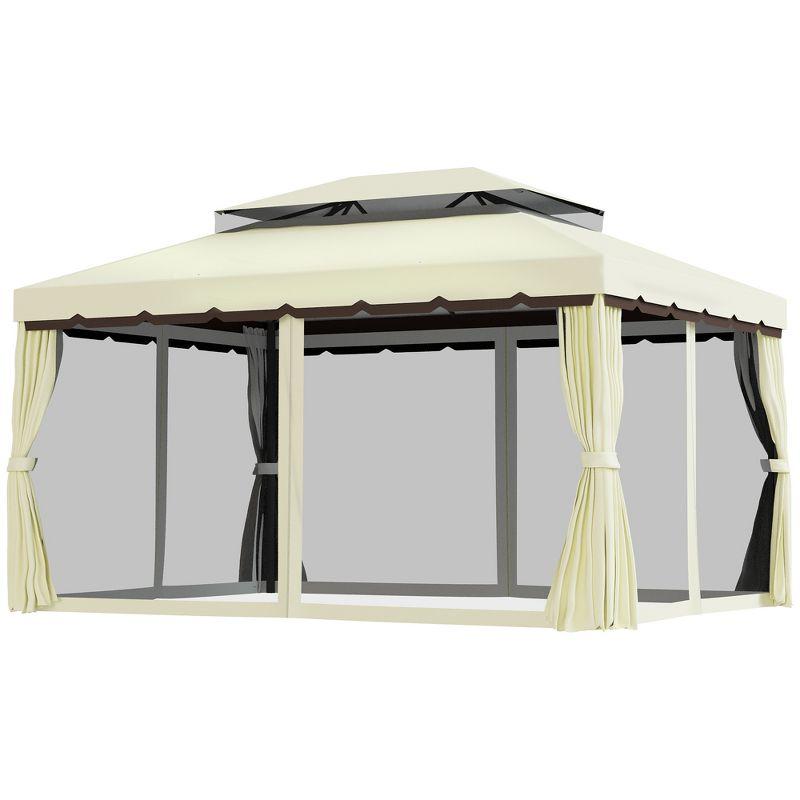 Outsunny 10' x 13' Patio Gazebo, 2-Tier Polyester Roof, Vented Canopy, Mesh, Portable Aluminum Frame for Outdoor, Cream White
