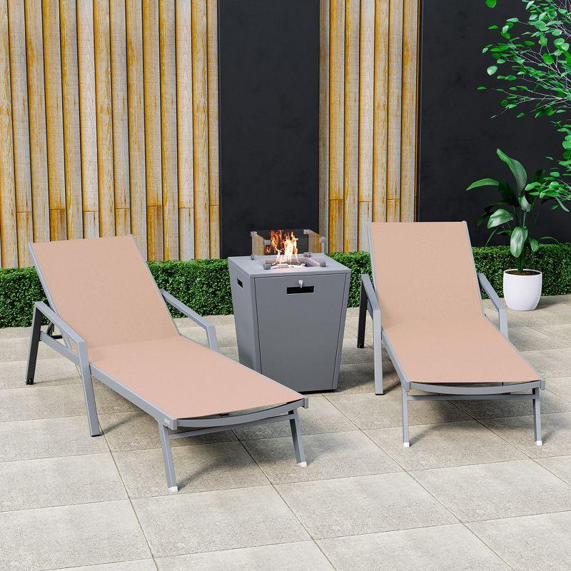 Light Brown Aluminum Outdoor Chaise Lounge Set with Fire Pit Table