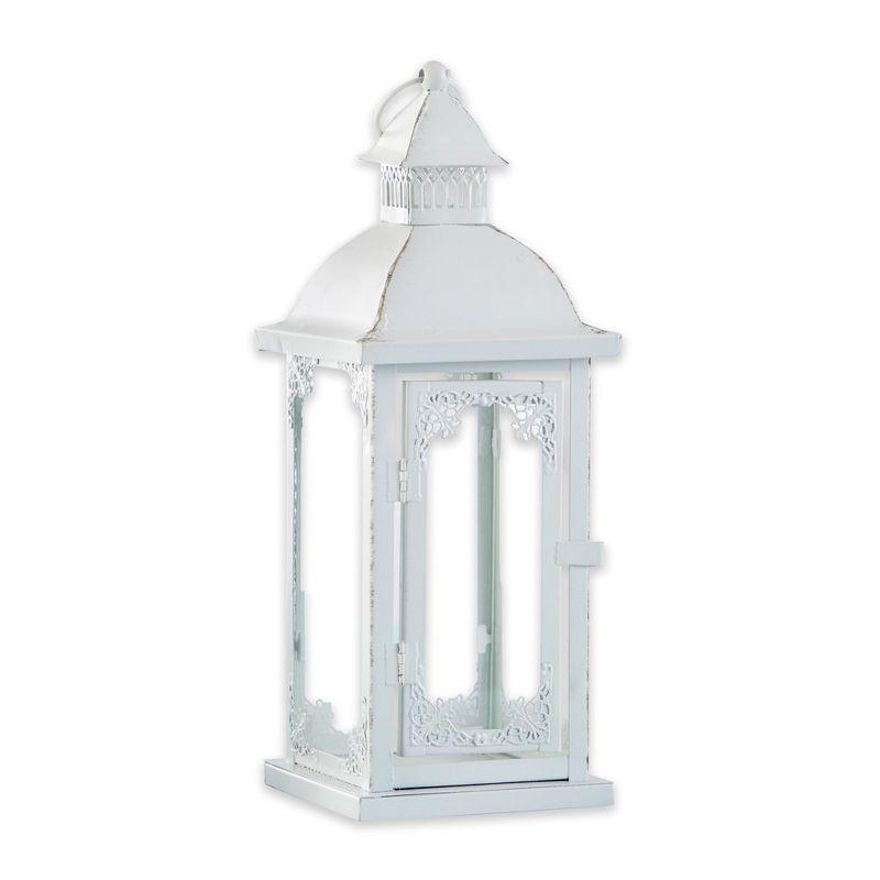 Vintage Rustic White Metal Candle Lantern - 14" Height