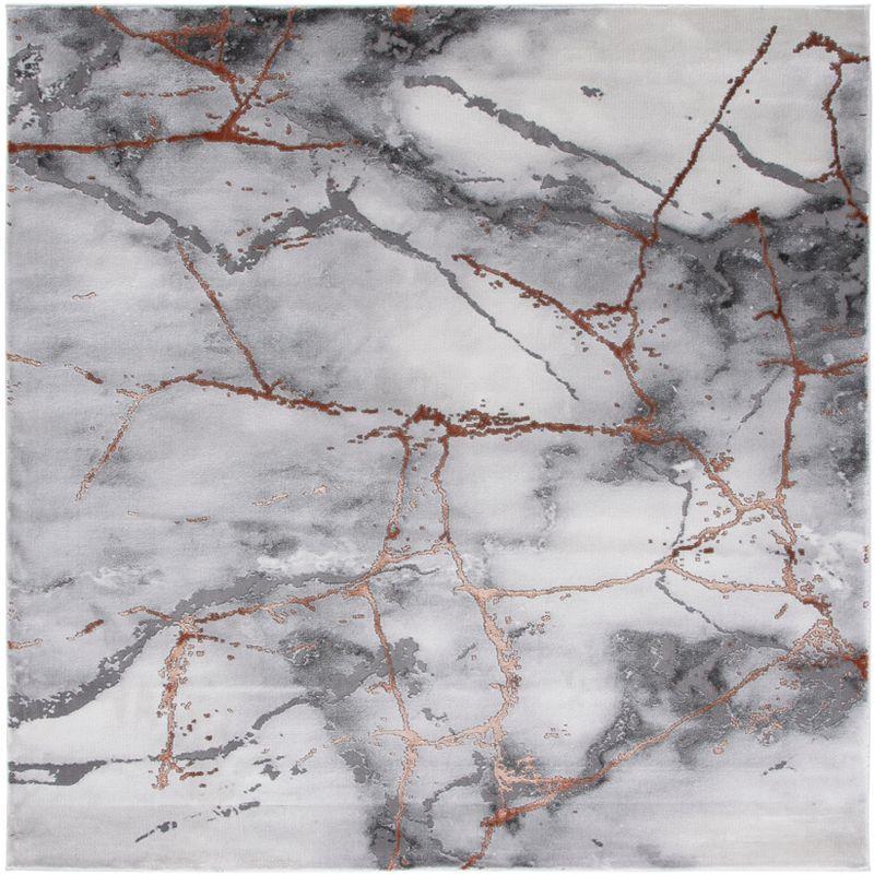 Gray and Orange Abstract Square Stain-Resistant Rug