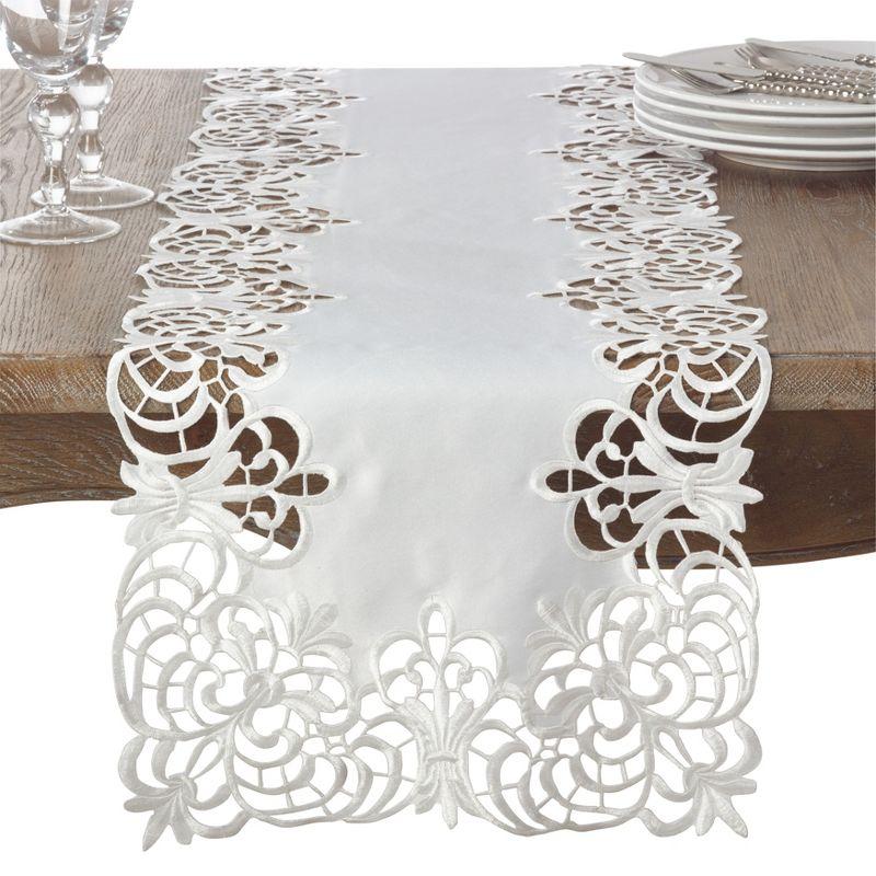 Elegant White Floral Cutwork Polyester Table Runner