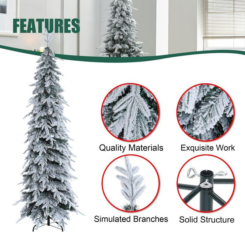 LuxenHome 6.9Ft Pencil Christmas Tree, Unlit Skinny Artificial Snow-Flocked Christmas Tree with X-Shape Metal Stand White