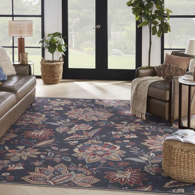 Charcoal Floral Rectangular Washable Synthetic Rug