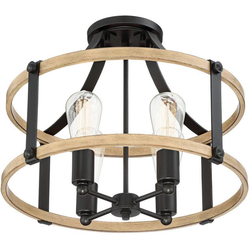 Franklin Iron Works Buford Rustic Farmhouse Ceiling Light Semi Flush Mount Fixture 18" Wide Faux Wood Black 4-Light for Bedroom Kitchen Living Room