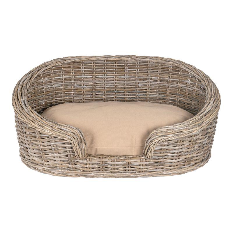 THE LICKER STORE Curvy 33" x 21.25" Classic Handwoven Rattan Dog Bed with Machine-Washable Cushion, Kubu Gray