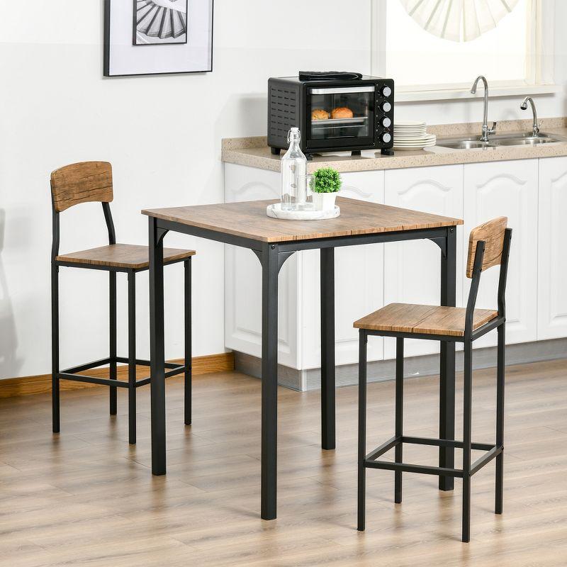 17 Stories 3 Piece Square Industrial Small Dining Table Set, Bar Table and Chairs Set, Rustic Brown and Black