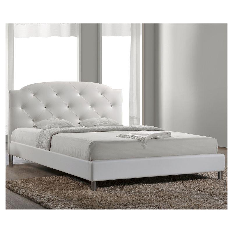 Full Canterbury Leather Contemporary Bed White - Baxton Studio: Crystal Tufted, Chrome Legs, No Box Spring Required
