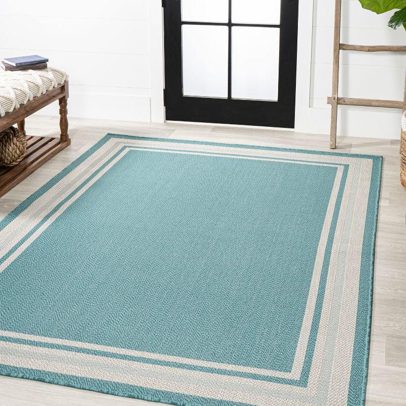 5' x 8' James Modern Border Stripe Indoor/Outdoor Area Rug, Aqua/Beige - JONATHAN Y