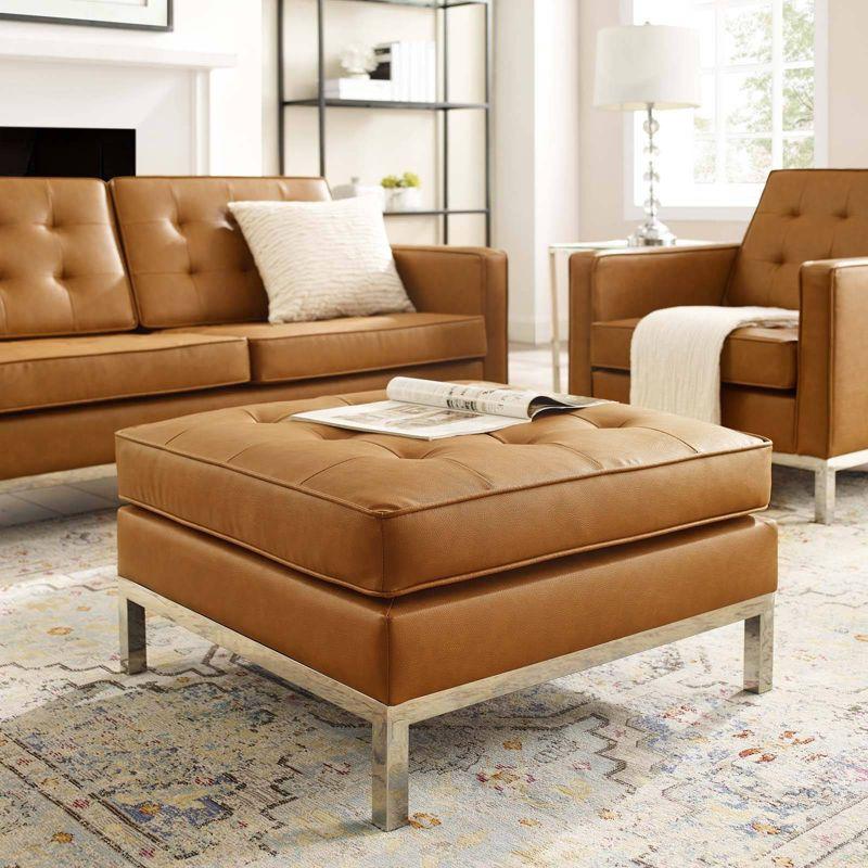 Loft Tufted Upholstered Faux Leather Ottoman Silver/Tan - Modway: Modern Square Bench, Wood Frame, 330lb Capacity