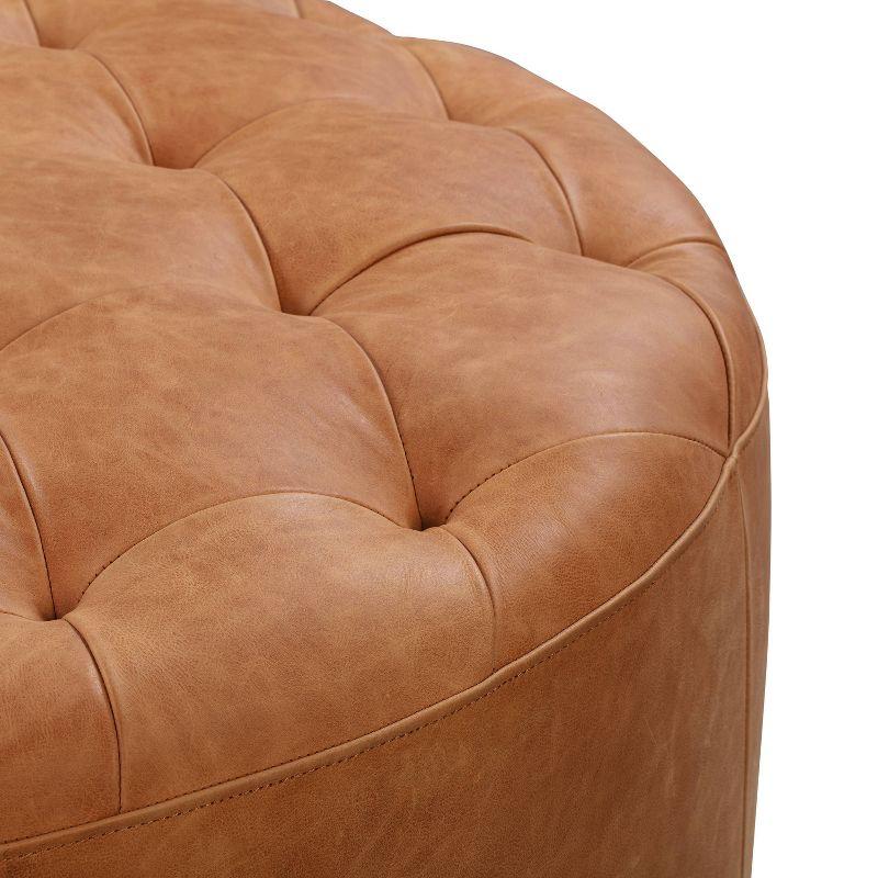 Poly & Bark Ascot Ottoman Cognac Tan: Round Tufted Leather, No Assembly, Dry Dust Care