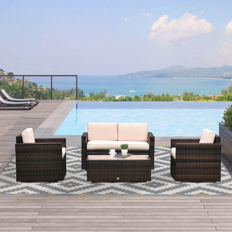 Rattan Wicker 4-Person Patio Set with Cushioned Chairs & Glass Table