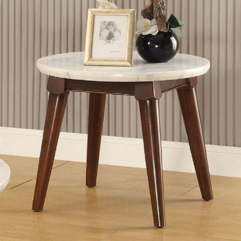 24'' Round White Marble and Walnut Wood End Table