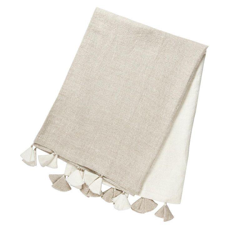 Anaya Luxe Linen Colorblock Throw Blanket with Tassels - Natural Beige