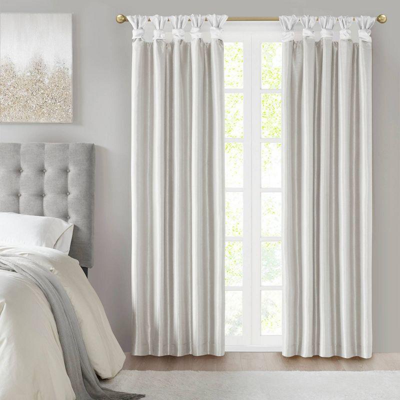 White Faux Silk Tab Top Blackout Curtain Panel