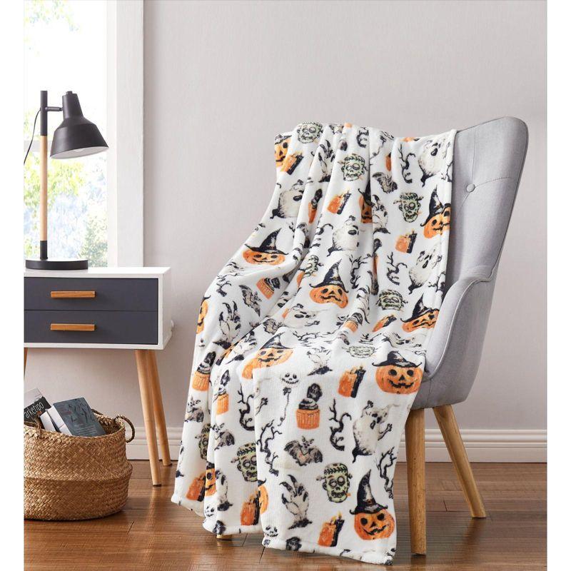 Halloween Spooky Ghosts and Frankensteins Ultra Soft Fleece Throw Blanket