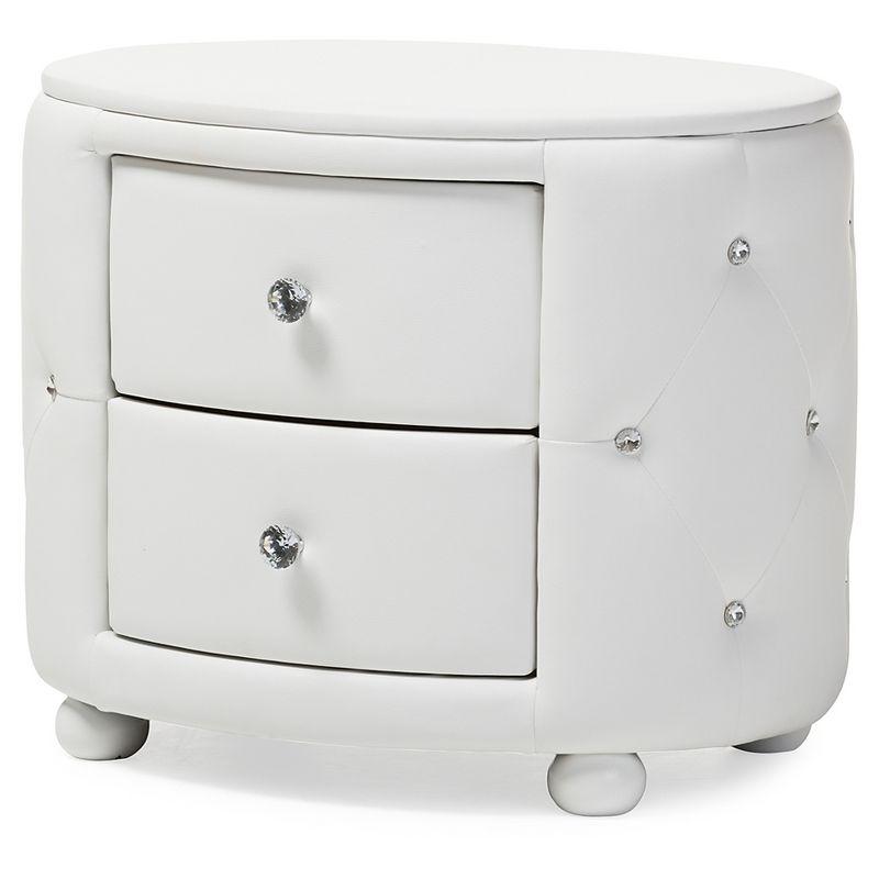 Davina Oval White Faux Leather Glamour Nightstand with Crystal Accents