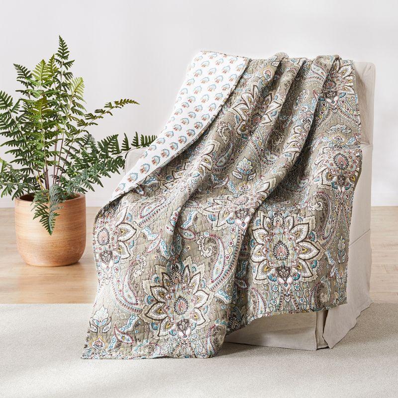 Kassandra Medallion Cotton Quilted Throw 50x60 in - Taupe & Teal