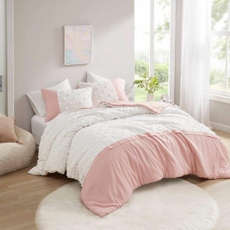 Pink and White Twin Microfiber Comforter Set with Jacquard Pompoms