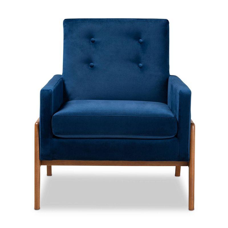 Baxton Studio Perris Mid-Century Modern Velvet Fabric Upholstered Wood Lounge Chair Blue: Polyester, Spot Clean, Armchair