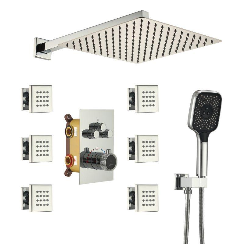 Revitalize 3-Function 12 Inch Wall Mount Rainfall Thermostatic Shower System with 6 Body Jets