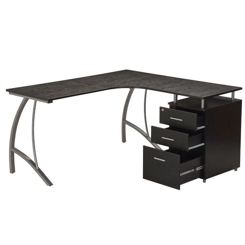 Techni Mobili Modern L Shaped Computer Desk with File Cabinet and Storage Espresso Brown: Office Workstation, MDF & Steel Construction