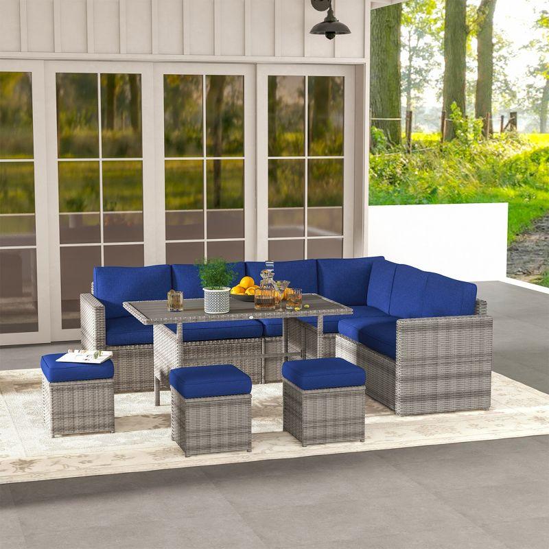 Outsunny 7 Piece Patio Furniture Set, Outdoor L-Shaped Sectional Sofa with 3 Loveseats, 3 Ottoman Chairs, Dining Table, Cushions, Storage, Dark Blue