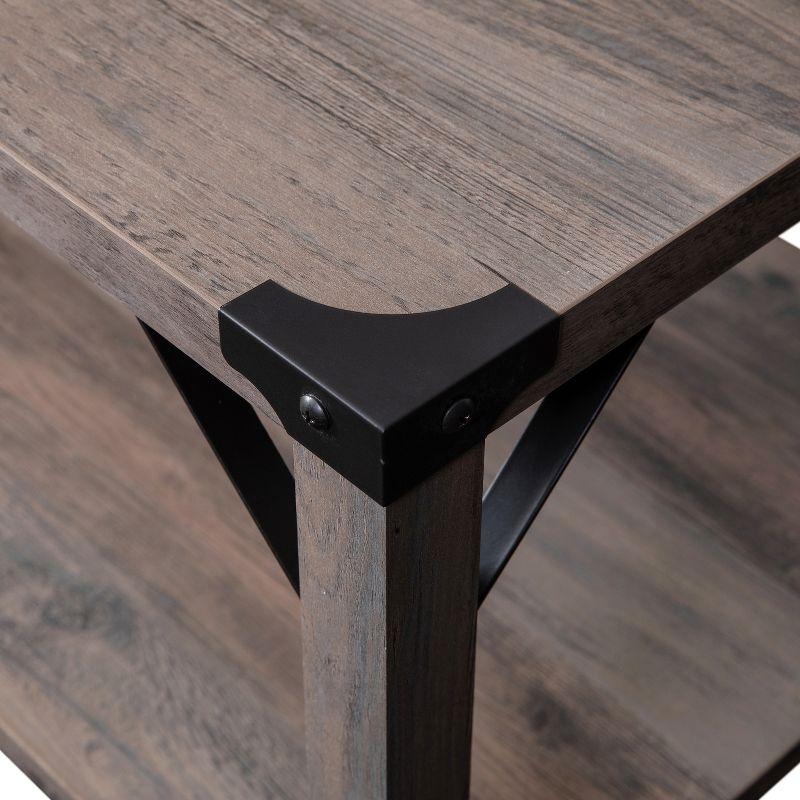 Flash Furniture Wyatt Modern Farmhouse Wooden 2 Tier Coffee Table with Black Metal Corner Accents and Cross Bracing, Gray Wash