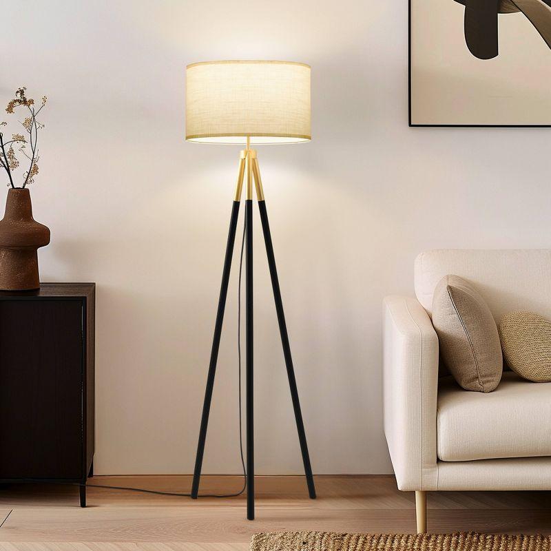 Brightech Levi 61" Mid-Century Modern LED Tripod Floor Lamp with Black Legs, Gold Finish, and Fabric Drum Shade, Bulb Included
