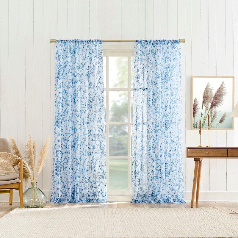 Chinoiserie Blue Floral Sheer Rod Pocket Curtain Panel 51" x 63"