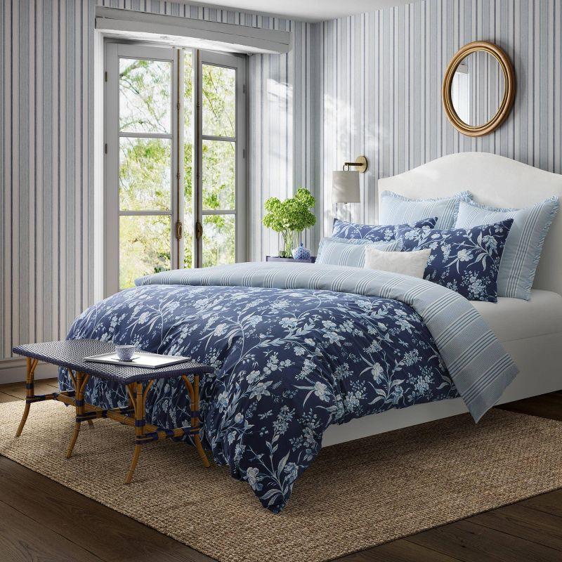 Laura Ashley 5pc Twin Branch Toile 100% Cotton Duvet Cover Bonus Set Blue: Includes Euro Sham, Machine Washable