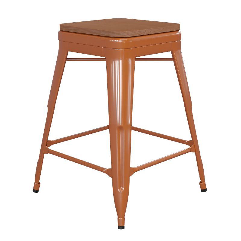 Flash Furniture Kai Commercial Grade 24" High Backless Orange Metal Indoor-Outdoor Counter Height Stool with Teak Poly Resin Wood Seat