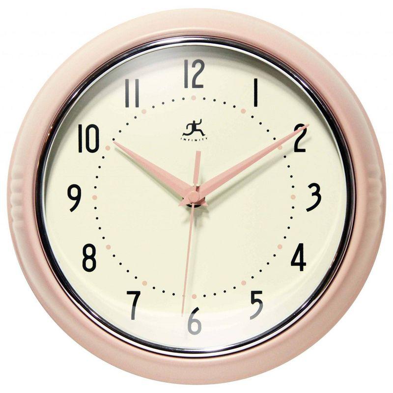 9.5" Retro Metal Wall Clock Pink - Infinity Instruments: Indoor Round Decorative Timepiece, Modern Style