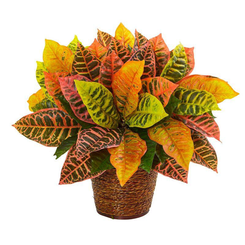 Nearly Natural 17-in Garden Croton Artificial Plant in Basket (Real Touch)