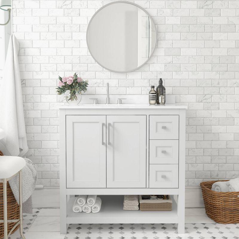 Taylor & Logan 36" Vivien Bathroom Vanity with Open Shelf and 3 Drawers White: Stoneware Surface, Wood Frame, Drop-In Sink