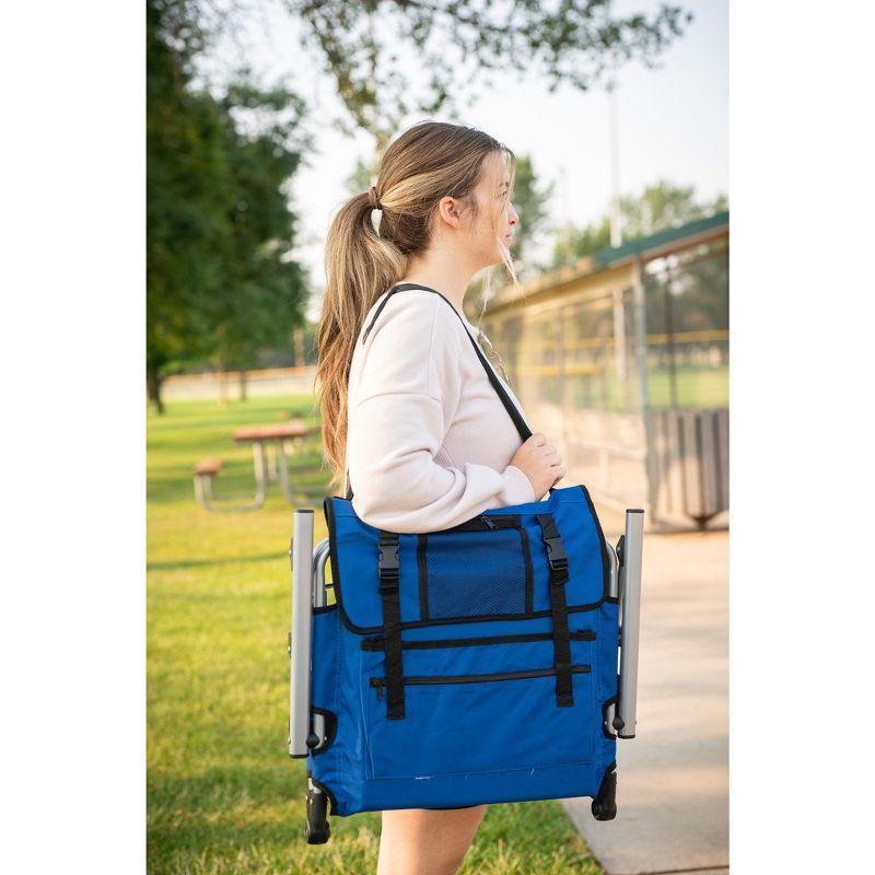 Blue and Gray Folding Stadium Seat with Arms and Storage