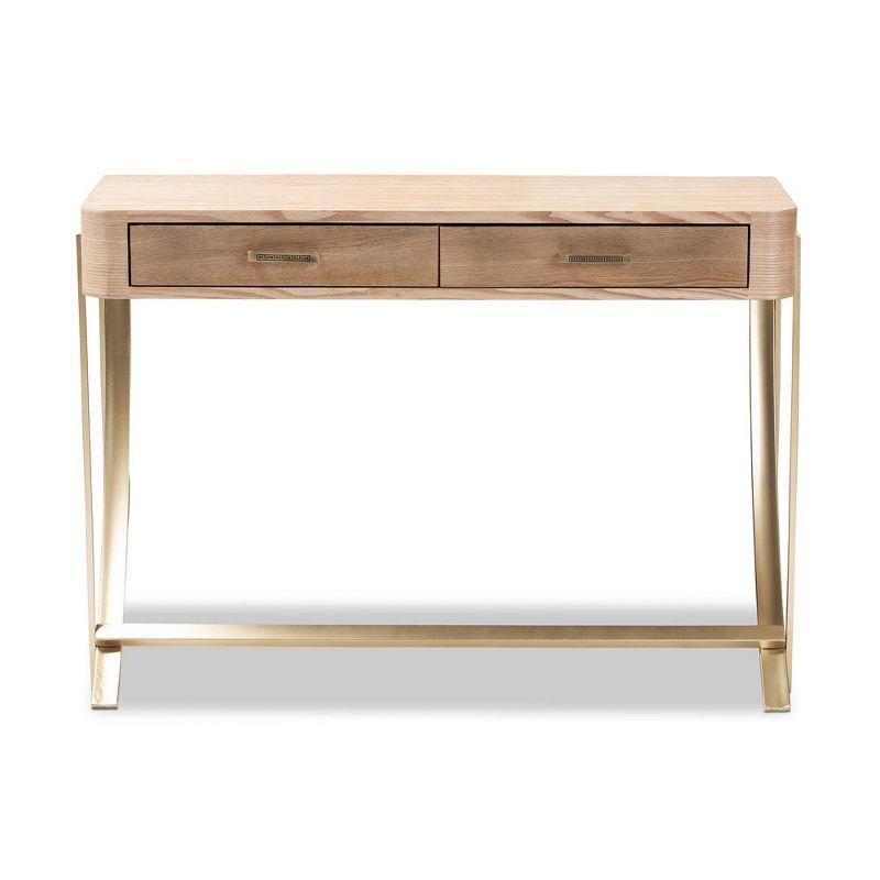 Light Brown and Gold Wood Metal Hallway Table with Storage