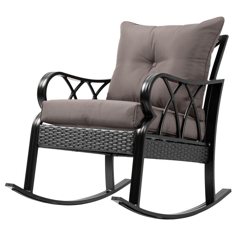 Outsunny Outdoor Wicker Rocking Chair with Padded Cushions, Aluminum Furniture Rattan Porch Rocker Chair w/ Armrest for Garden, Patio, and Backyard