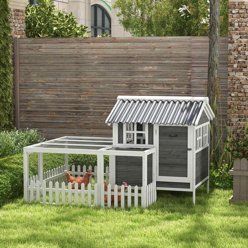 PawHut Wooden Chicken Coop with Run for 3 - 4 Chickens, Hen House with Nesting Box, Removable Tray, Fence, Outdoor Poultry Cage, 68" x 59" x 42", Gray