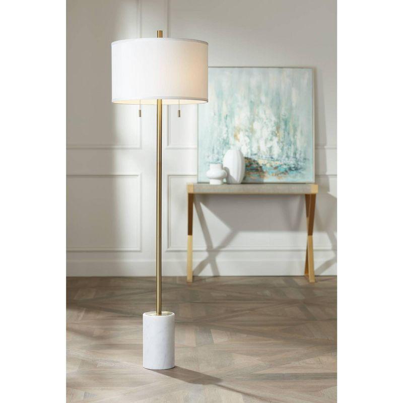 Gold Metal Floor Lamp with White Linen Shade and Marble Base