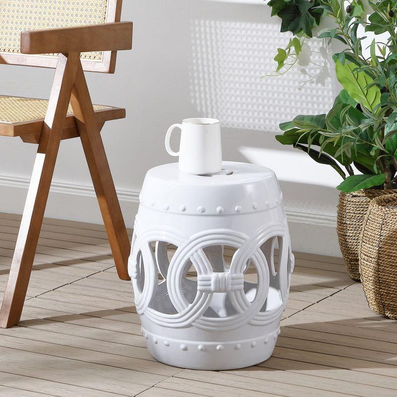 Lucky Coins 16" Eastern-Inspired Ceramic Drum Garden Stool, White - JONATHAN Y
