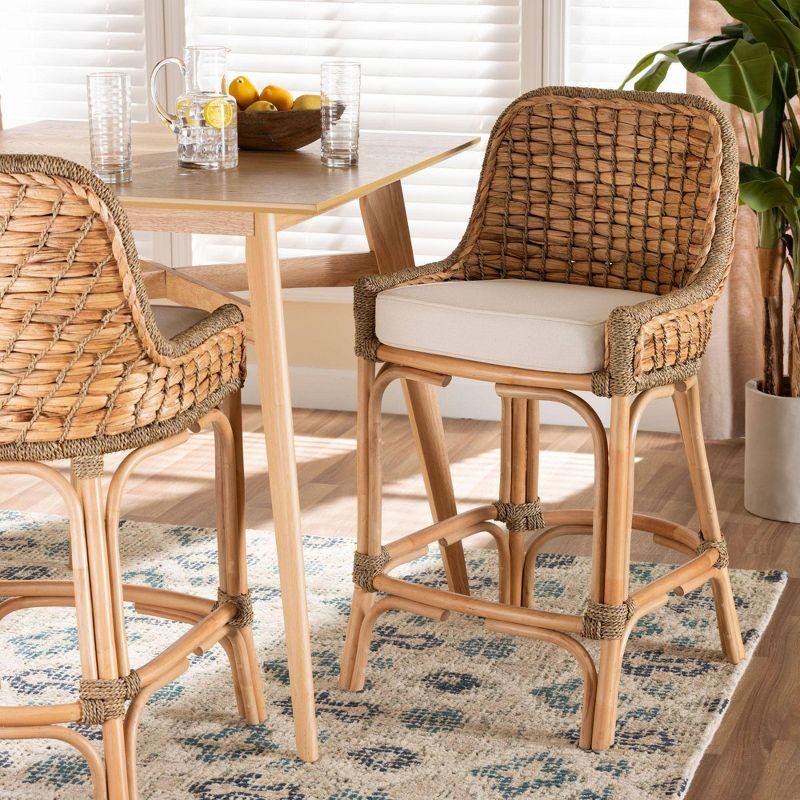 Kyle Modern Bohemian Natural Brown Woven Rattan and Mahogany Wood Counter Stool with Cushion