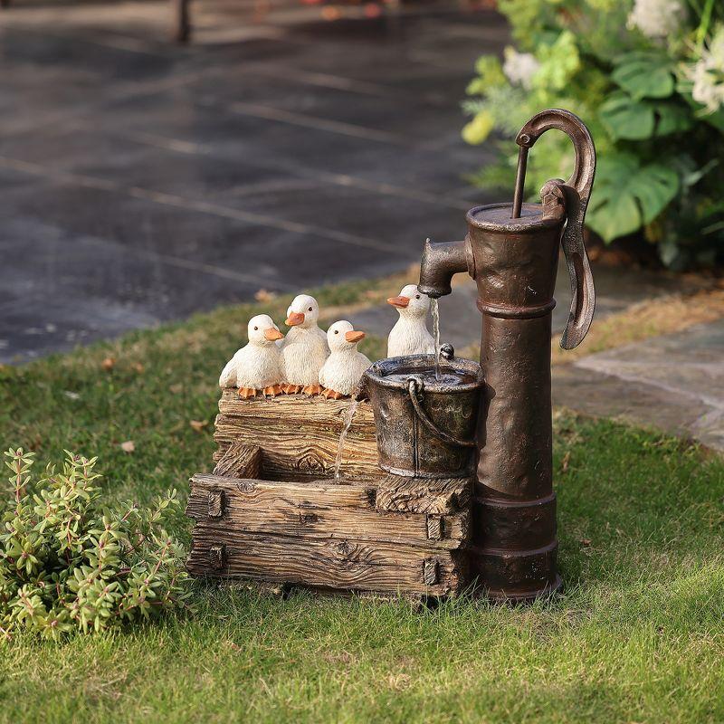 LuxenHome Farmhouse Crate and Baby Ducks Resin Outdoor Fountain with Lights Brown